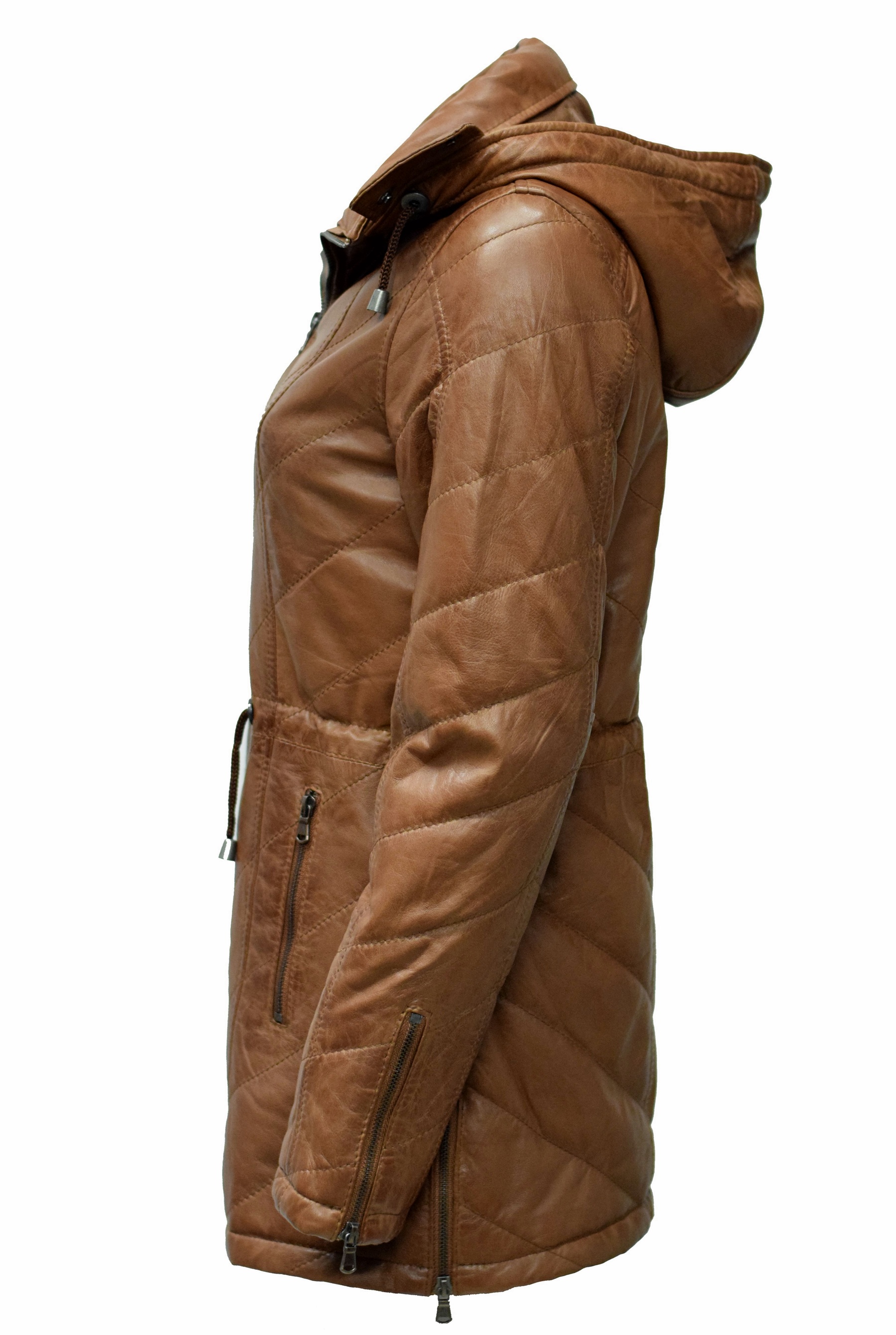 Damen Stepp- Lederparka Jacque mit Kapuze in washed Cognac