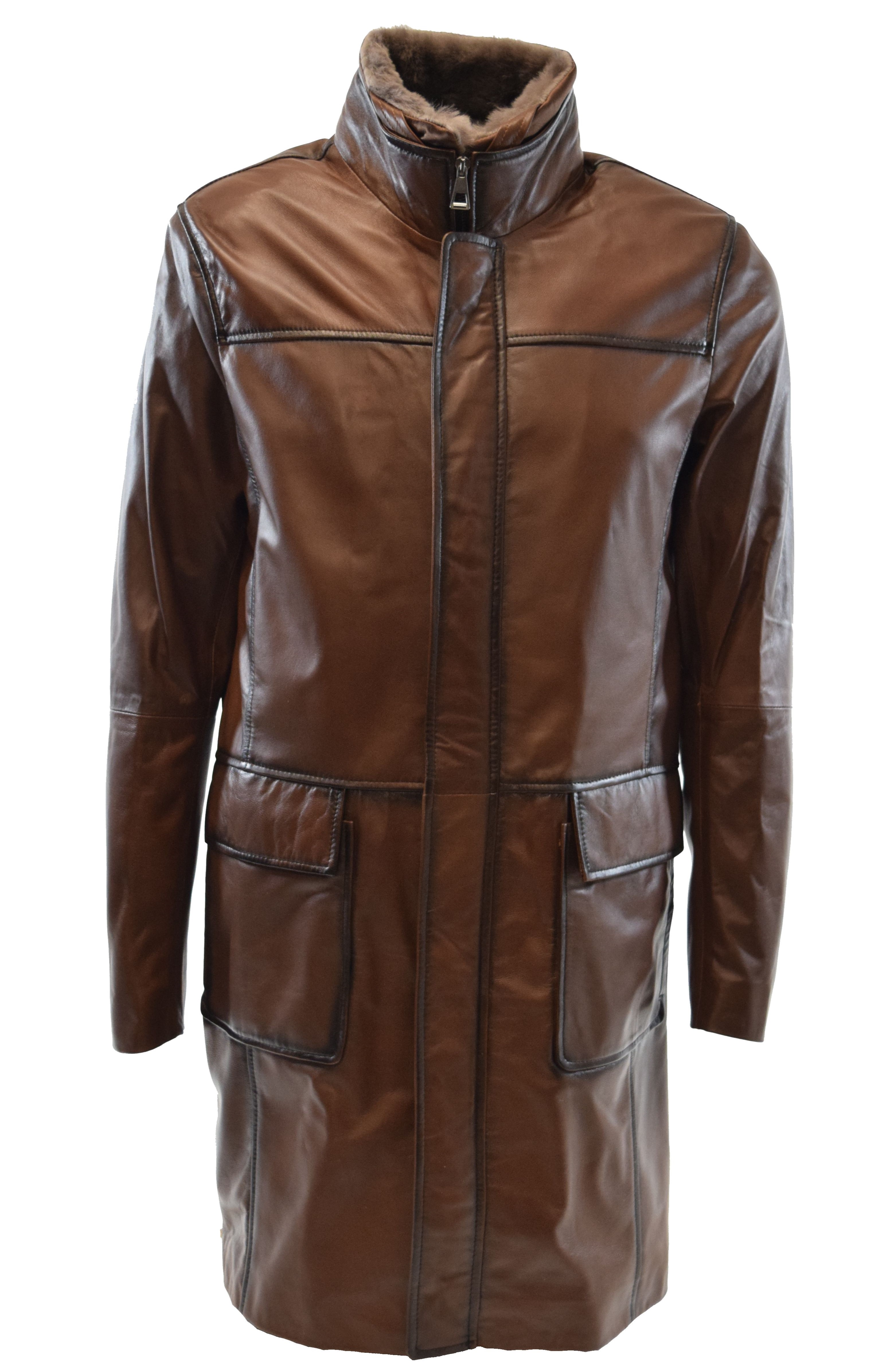 Herren Ledermantel Marrius mit Lammfellkragen in washed Fine Braun