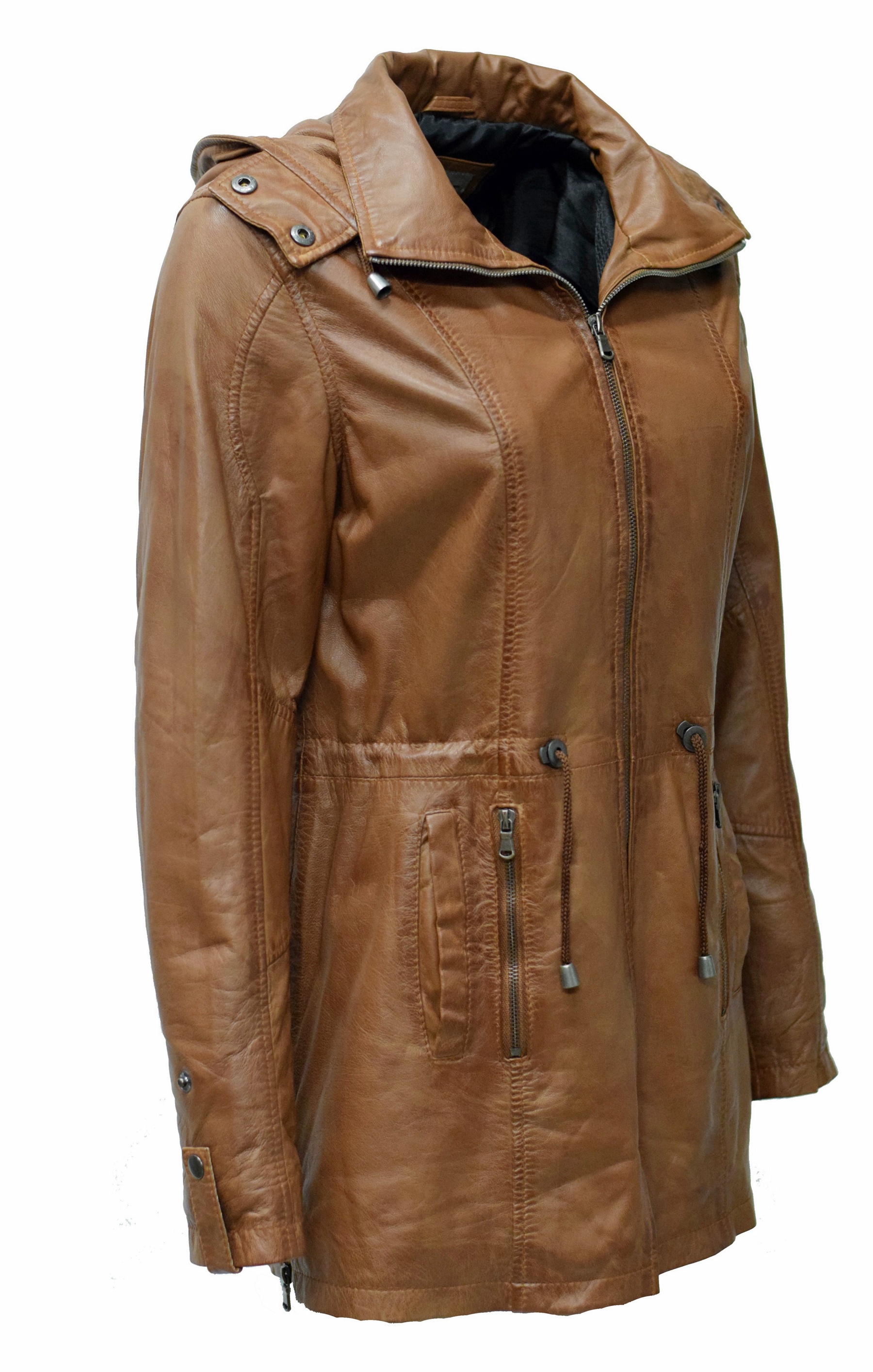 Damen Lederparka Helene mit Kapuze in washed Cognac