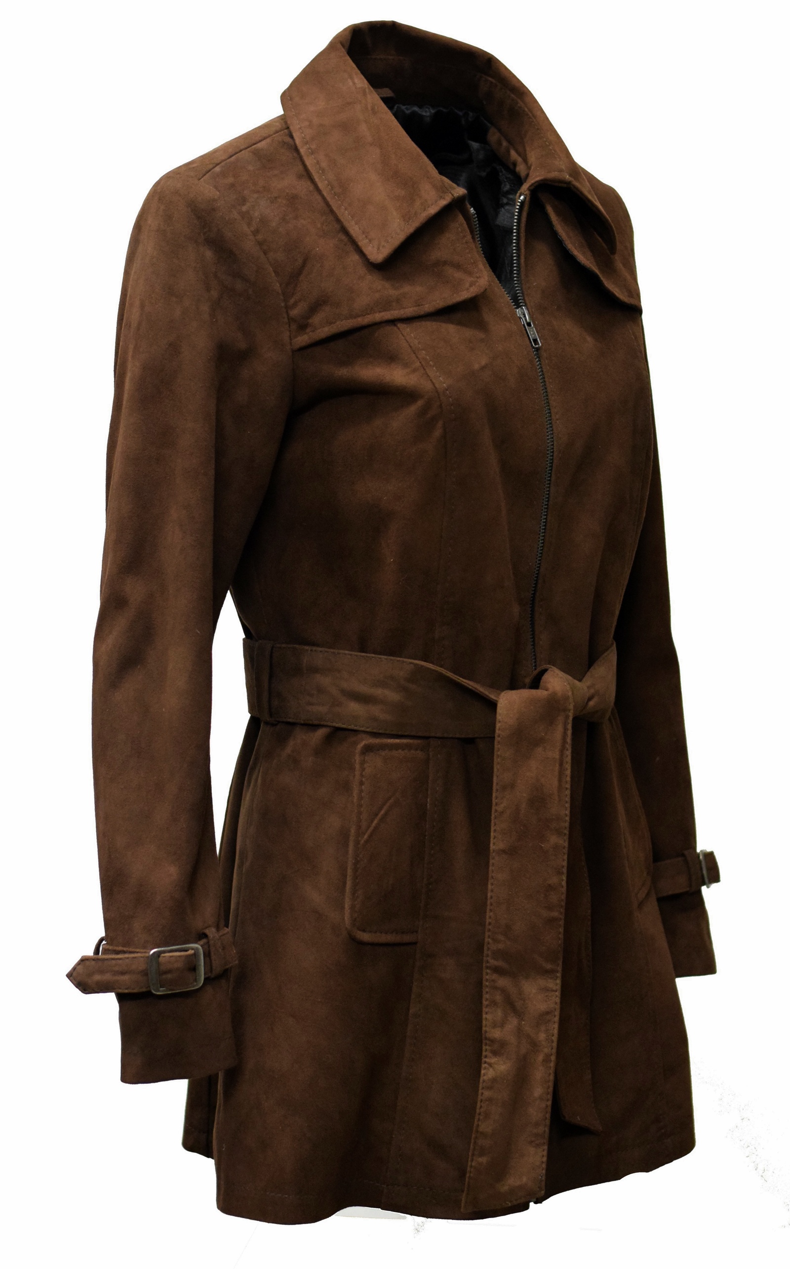 Damen Kurz-Trenchcoat Ledermantel Wildleder Polly in Schoko