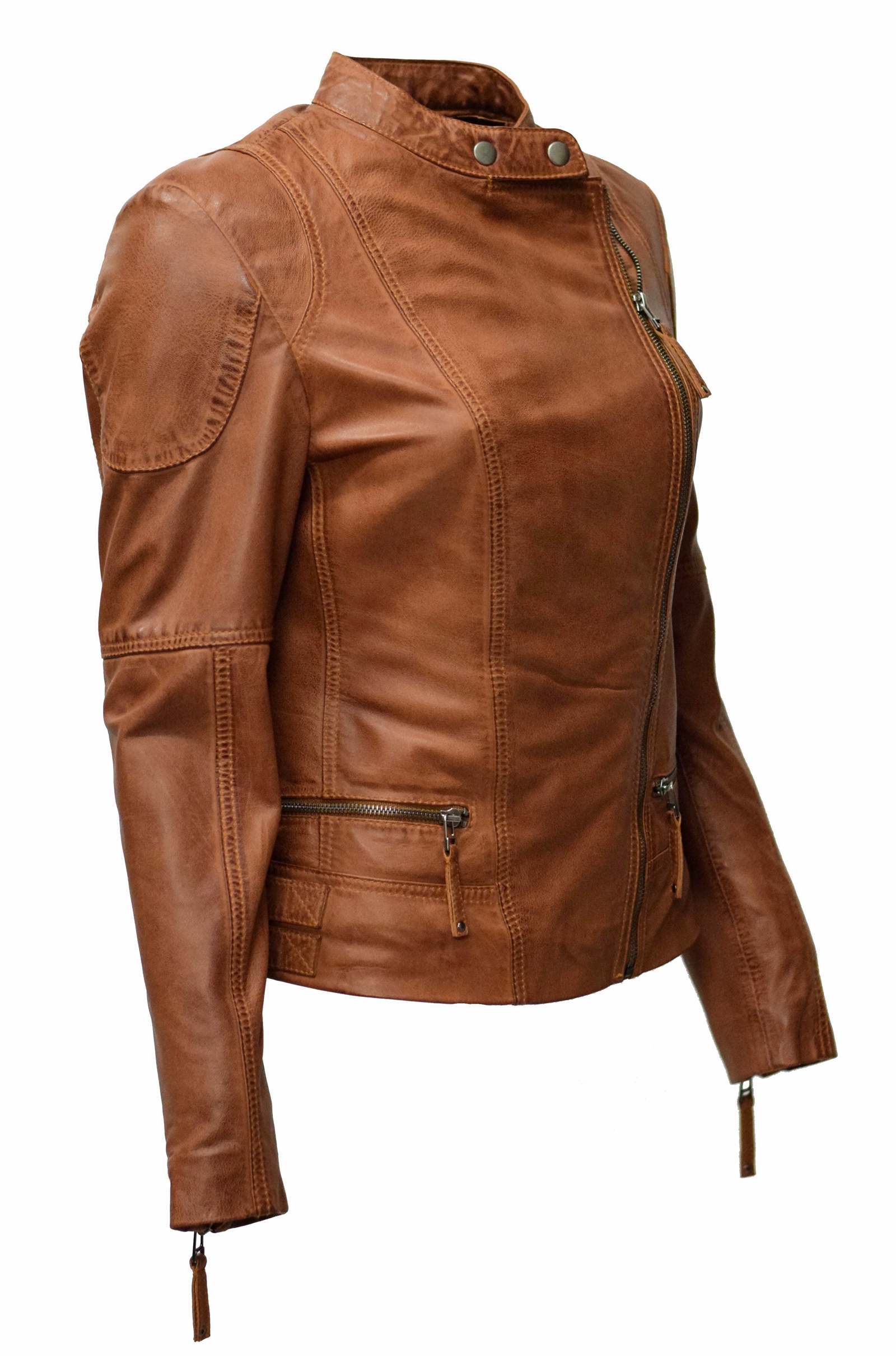 Damen Biker Lederjacke Jess in washed Cognac