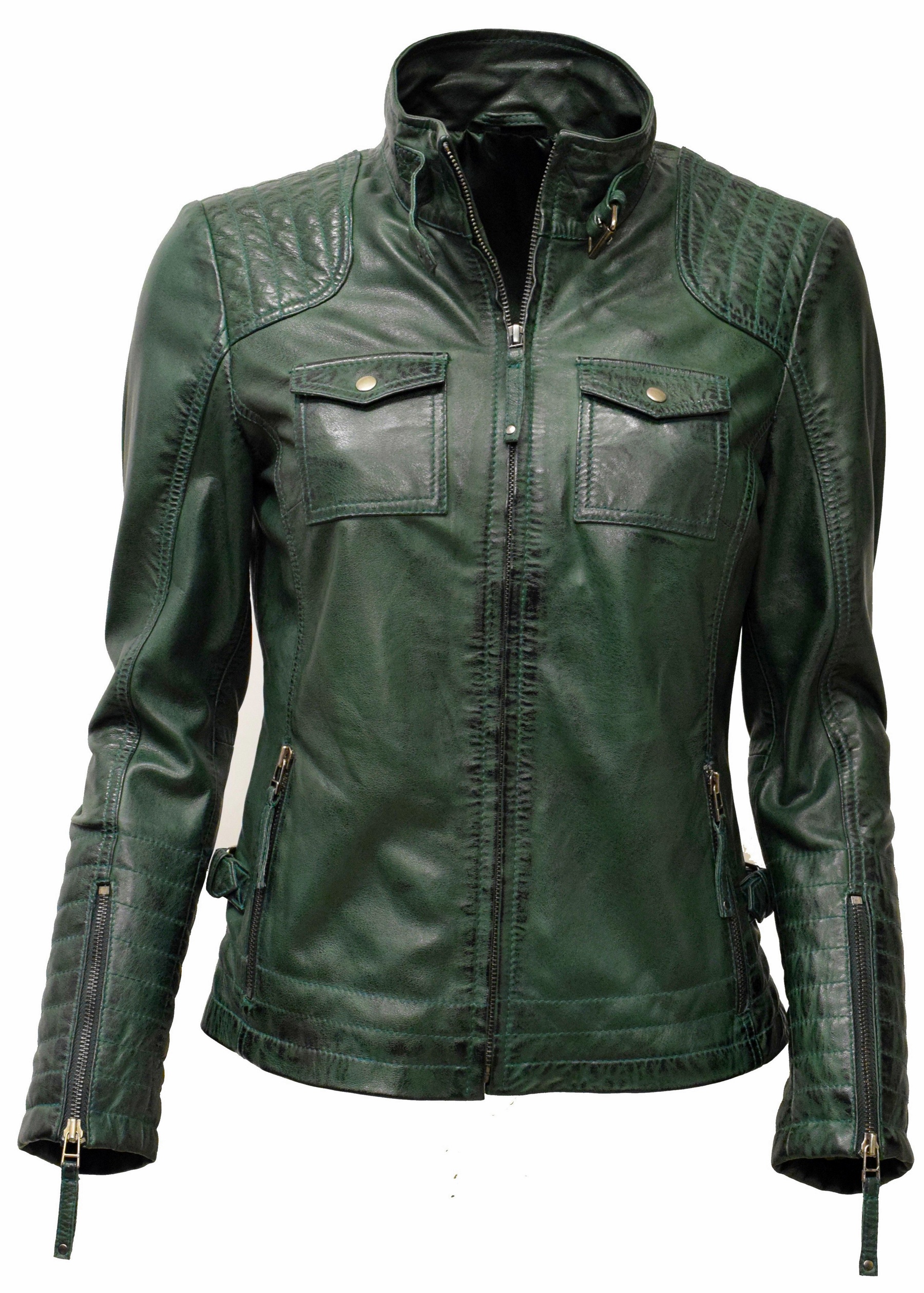 Damen Lederjacke Emmy gesteppt washed Grün