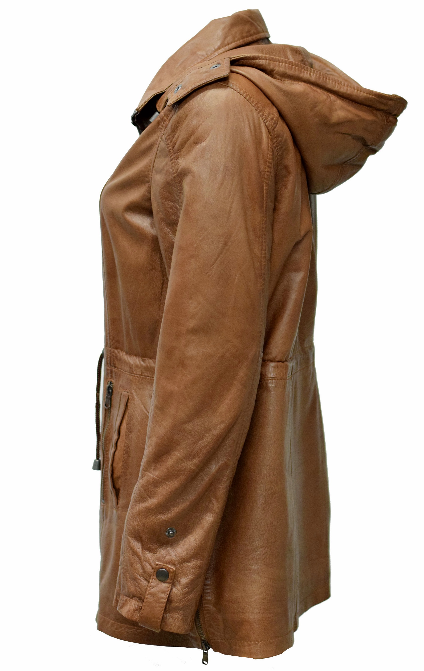 Damen Lederparka Helene mit Kapuze in washed Cognac