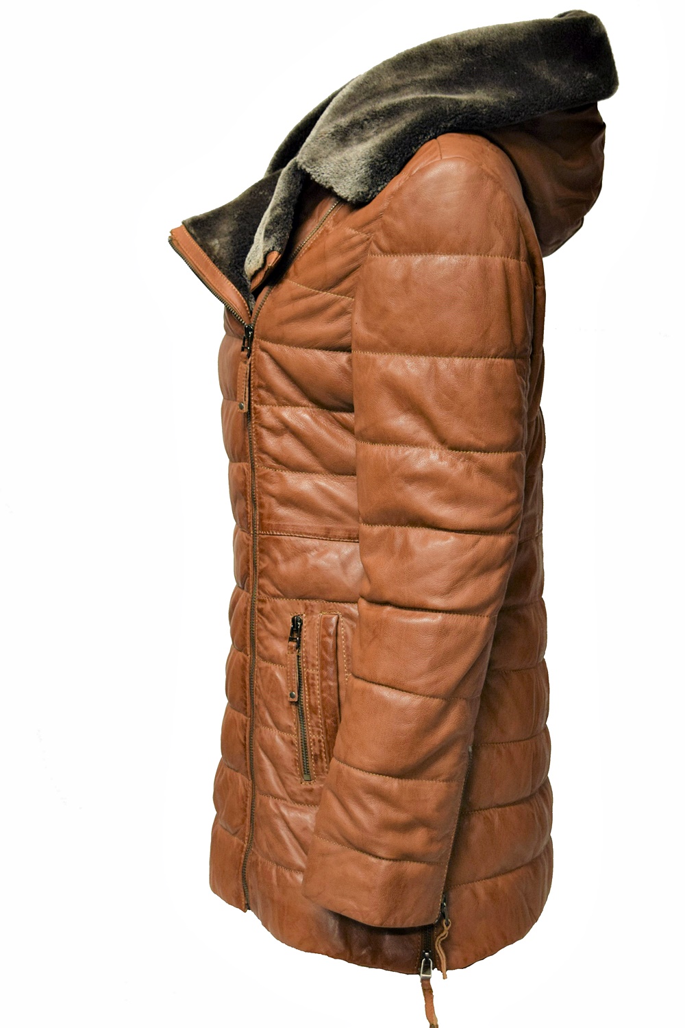 Damen Ledermantel Cindy mit Kapuzenkragen in Dunkelcognac