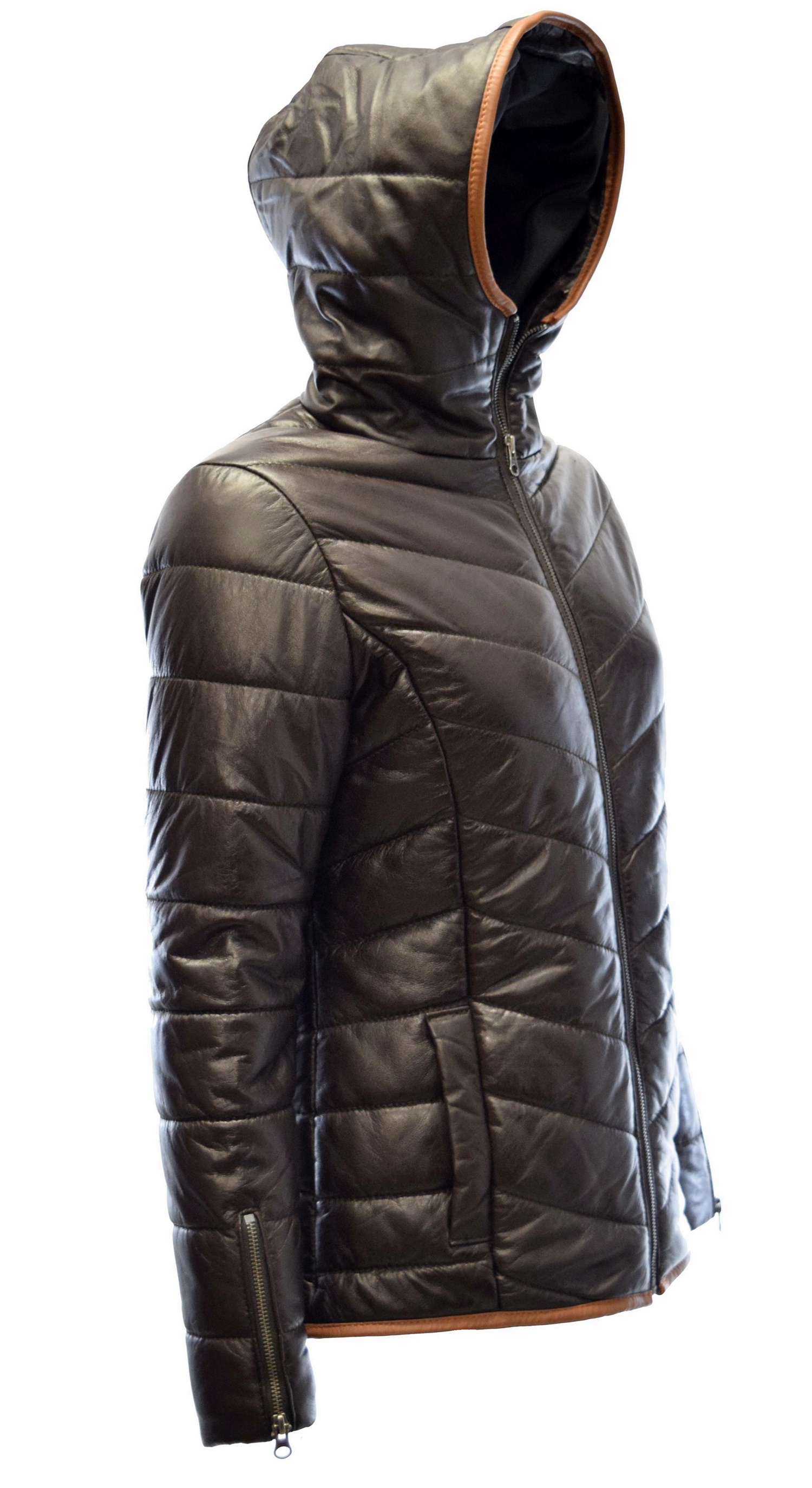 Damen Stepp-Lederjacke Luccy mit Kapuzenkragen in washed Moccabraun