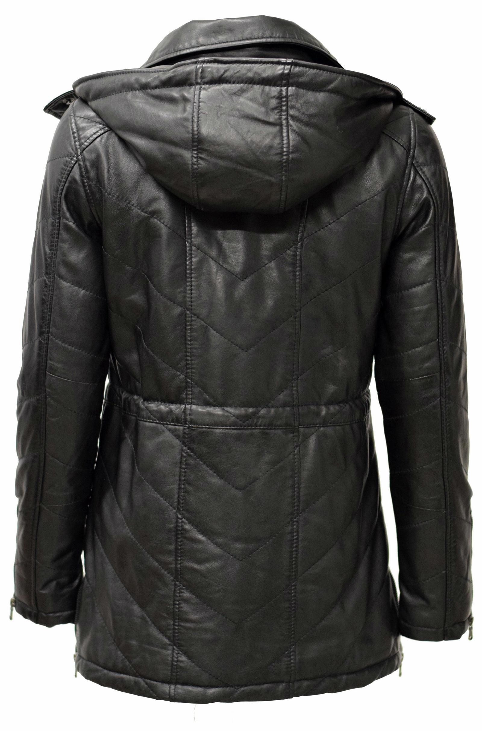 Damen Stepp- Lederparka Jacque mit Kapuze in washed Schwarz