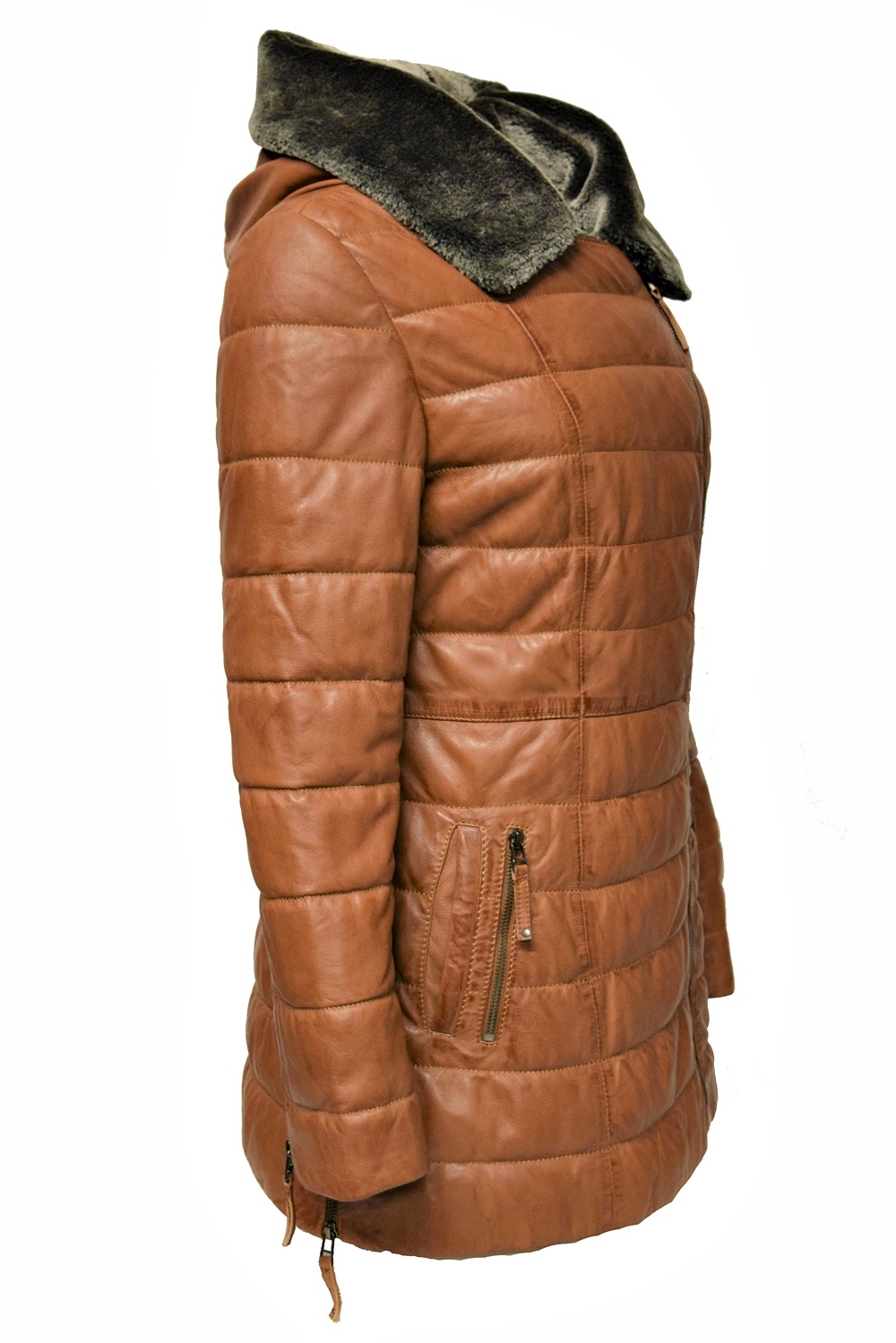 Damen Ledermantel Cindy mit Kapuzenkragen in Dunkelcognac