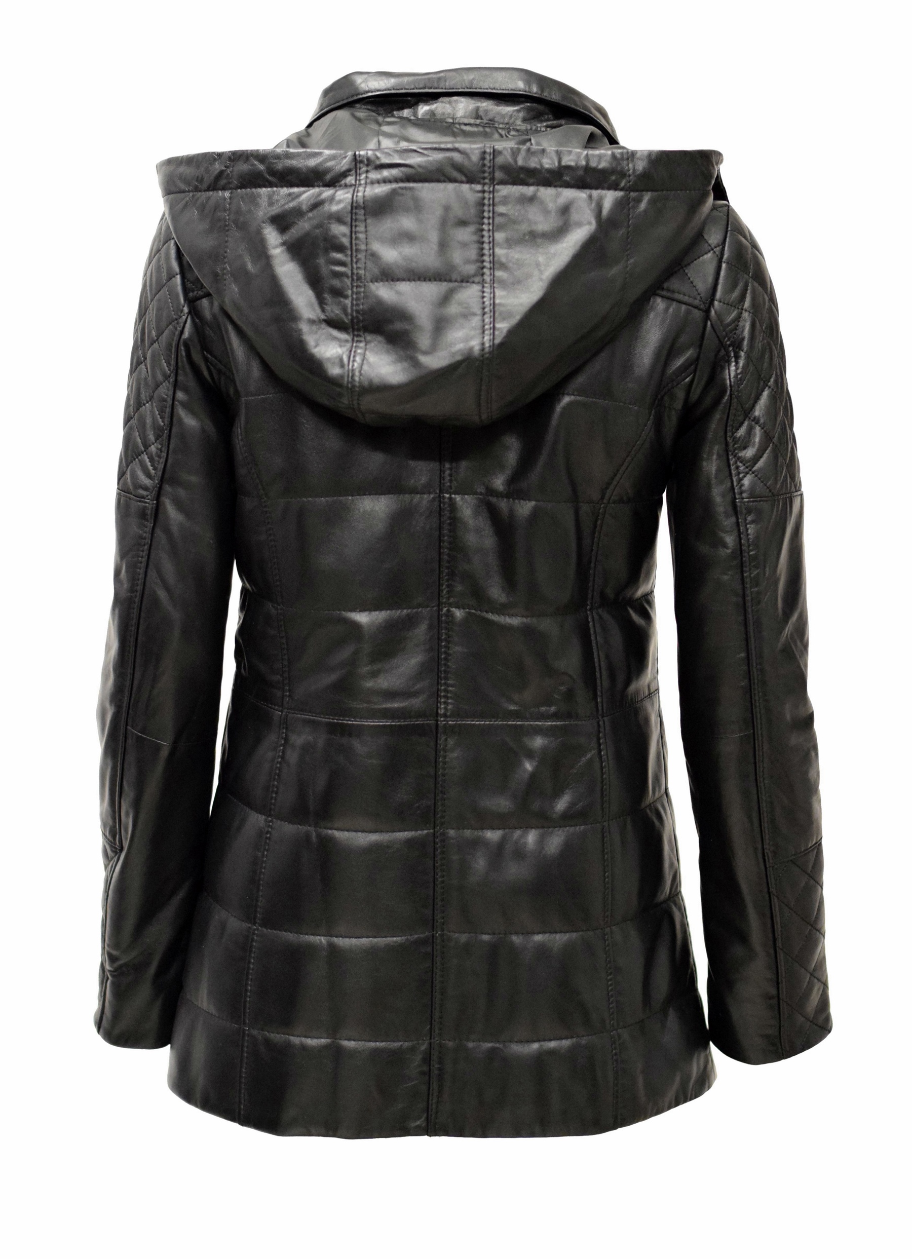 Damen Lederparka Rita mit Kapuze in fine Schwarz