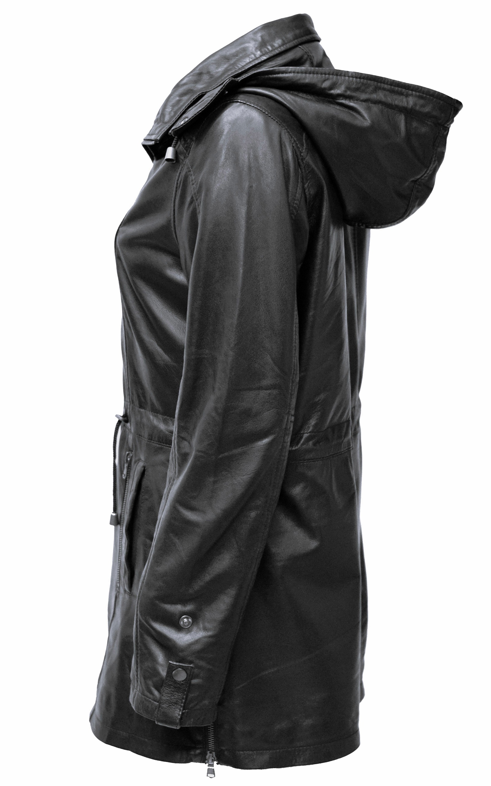 Damen Lederparka Helene mit Kapuze in washed Schwarz