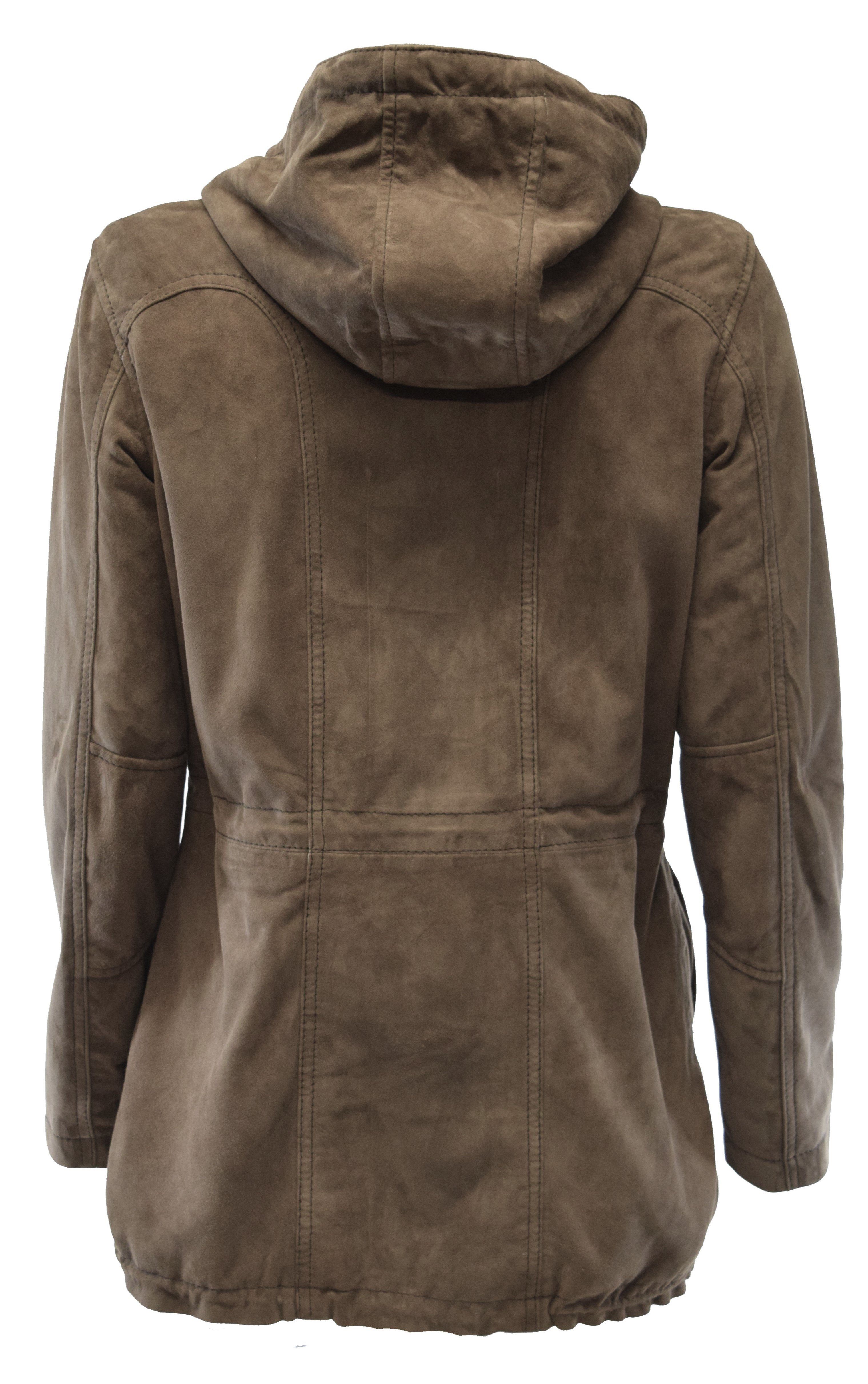 Damen Lederjacke Lila mit Kapuze in Ziegenvelour Greige