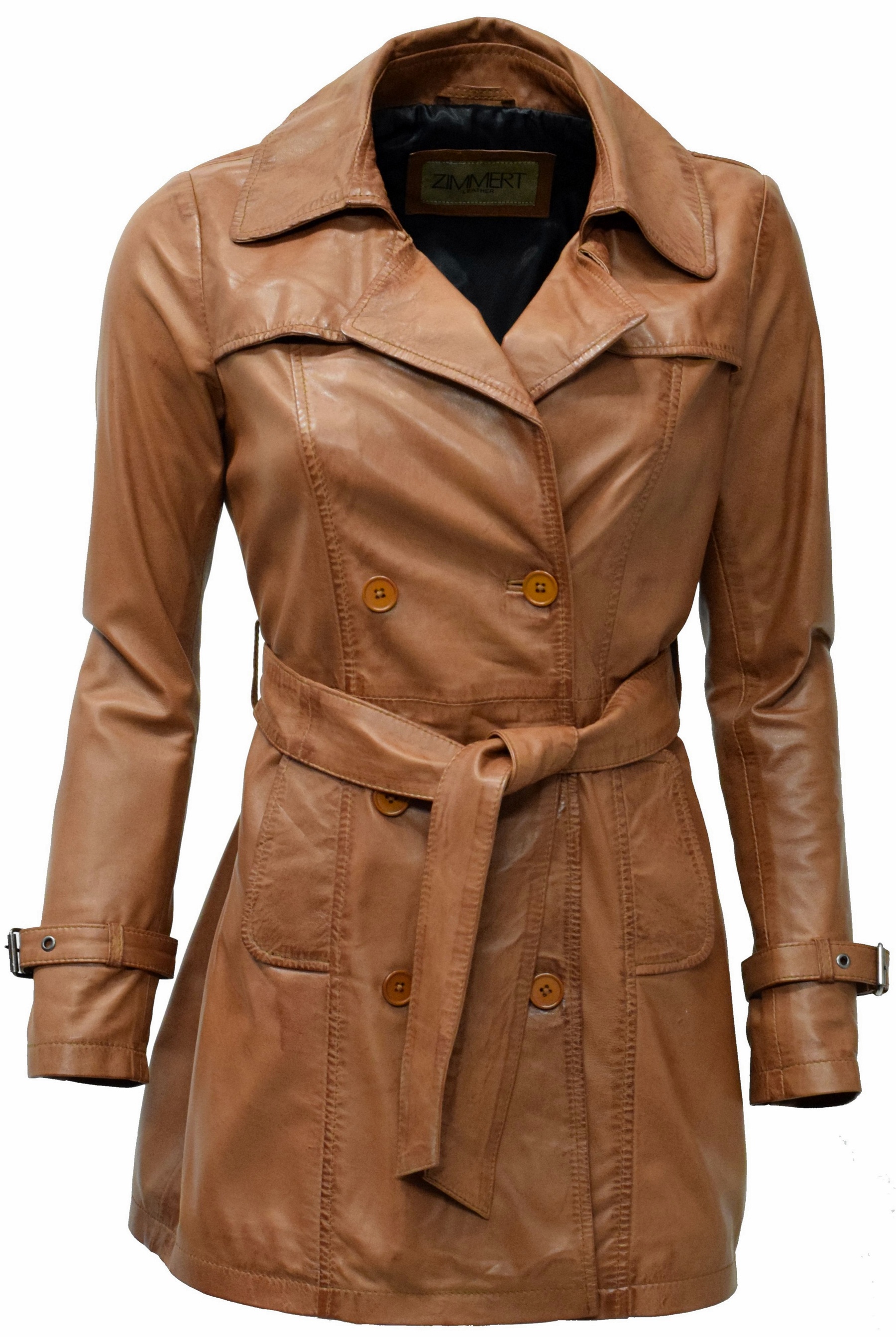Damen Kurz-Trenchcoat Ledermantel Anna in washed Cognac