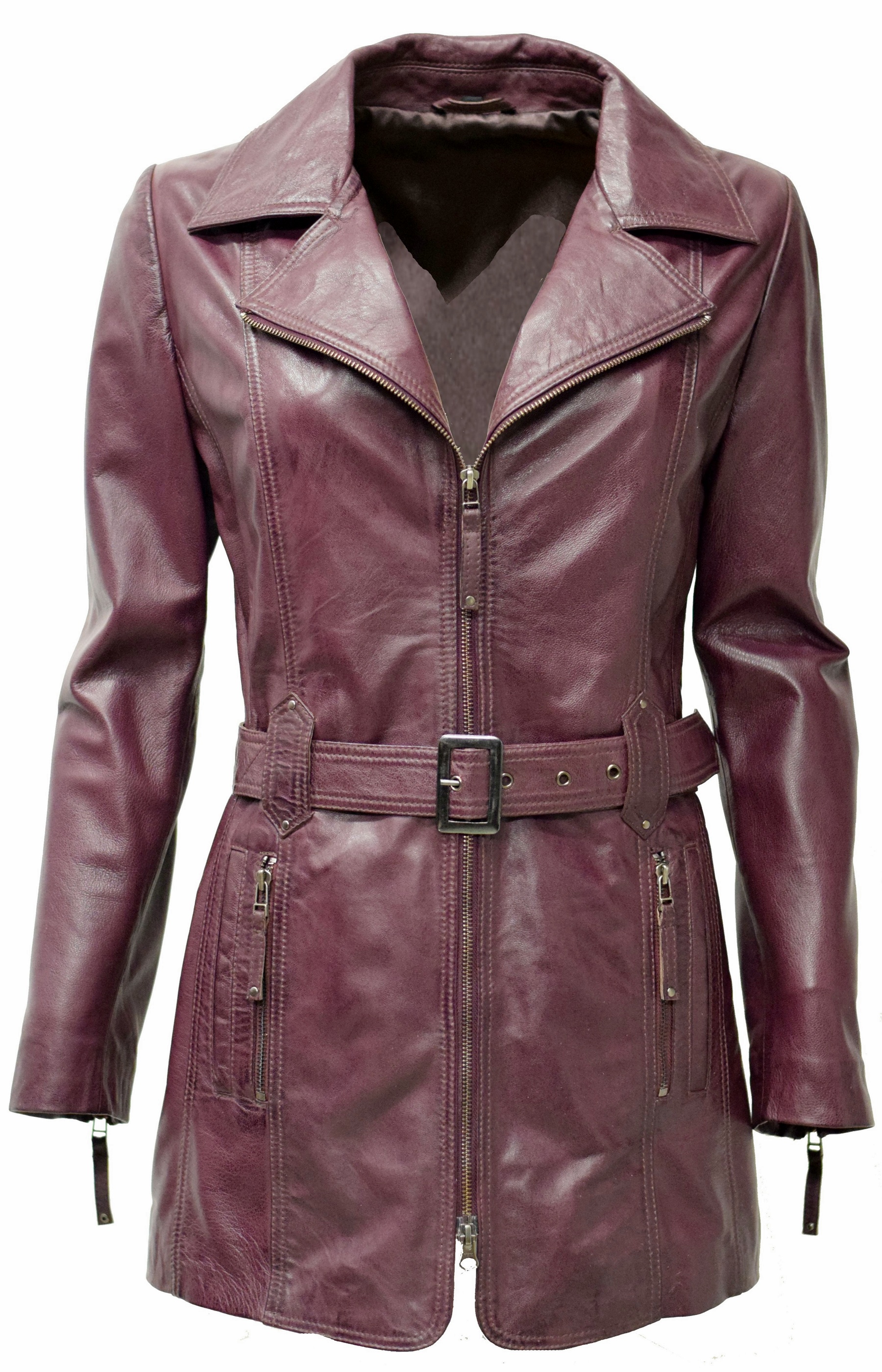 Damen Ledermantel Lara in washed Burgund