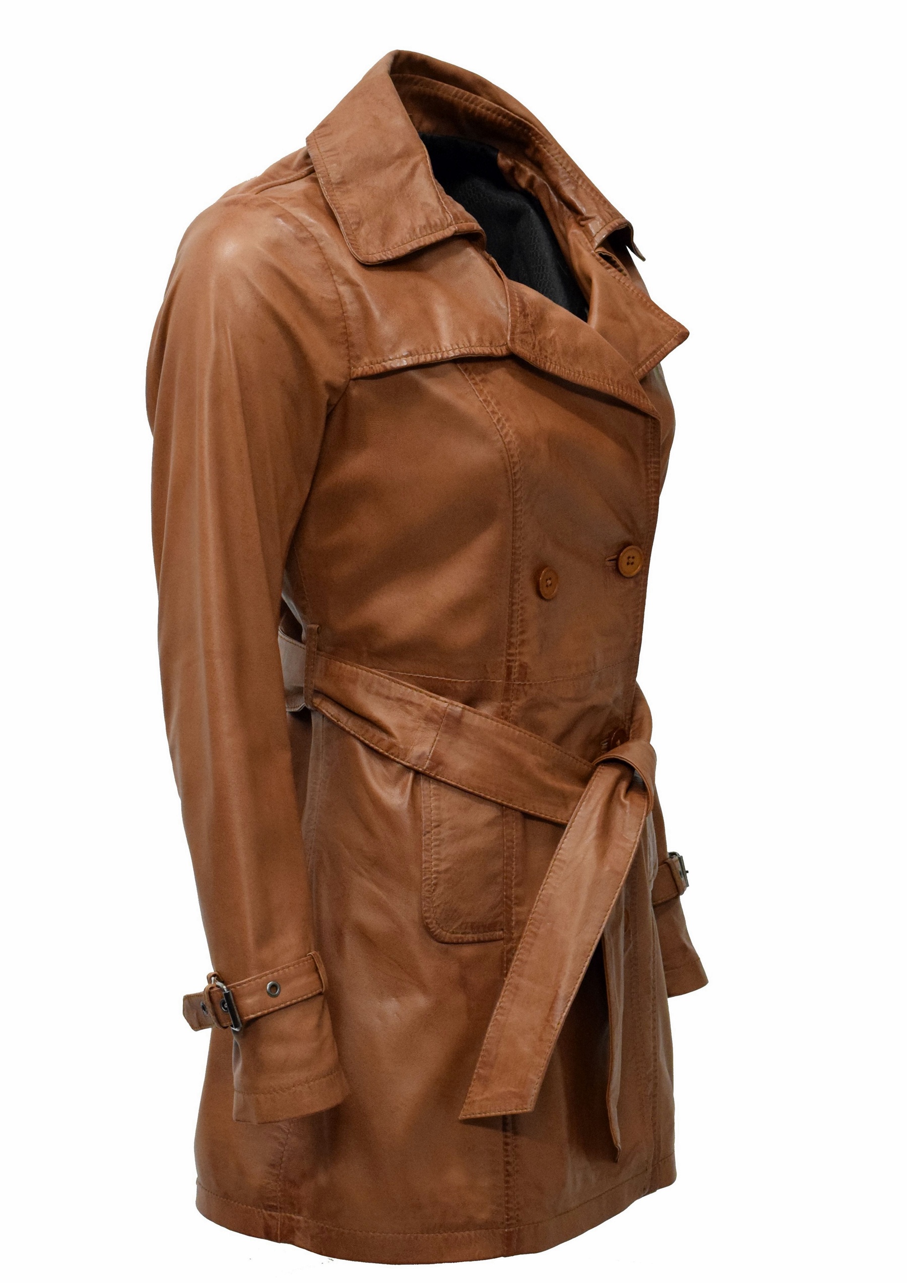 Damen Kurz-Trenchcoat Ledermantel Anna in washed Cognac